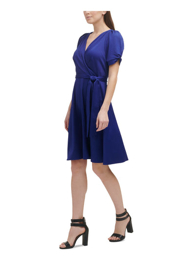 DKNY Womens Blue Pleated Zippered Belted Unlined Short Pouf Knot-s Surplice Neckline Above The Knee Evening Fit + Flare Dress 10
