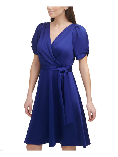 DKNY Womens Blue Pleated Zippered Belted Unlined Short Pouf Knot-s Surplice Neckline Above The Knee Evening Fit + Flare Dress 2