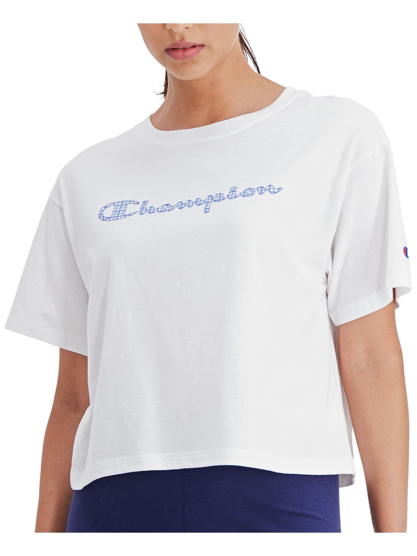 CHAMPION Womens White Ribbed Loose Fit Logo Graphic Short Sleeve Crew Neck Crop Top L