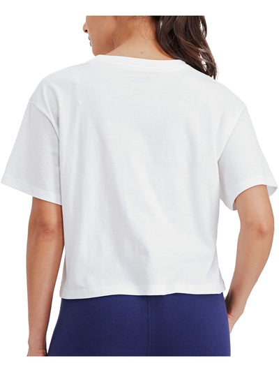CHAMPION Womens White Ribbed Loose Fit Logo Graphic Short Sleeve Crew Neck Crop Top L