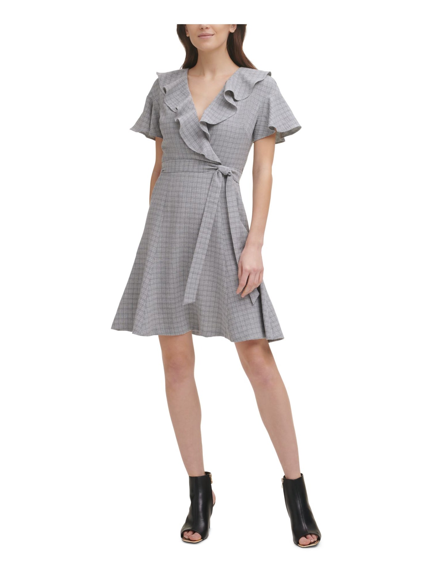 DKNY Womens Gray Ruffled Zippered Unlined Tie Belt Plaid Flutter Sleeve Surplice Neckline Above The Knee Wear To Work Fit + Flare Dress 16