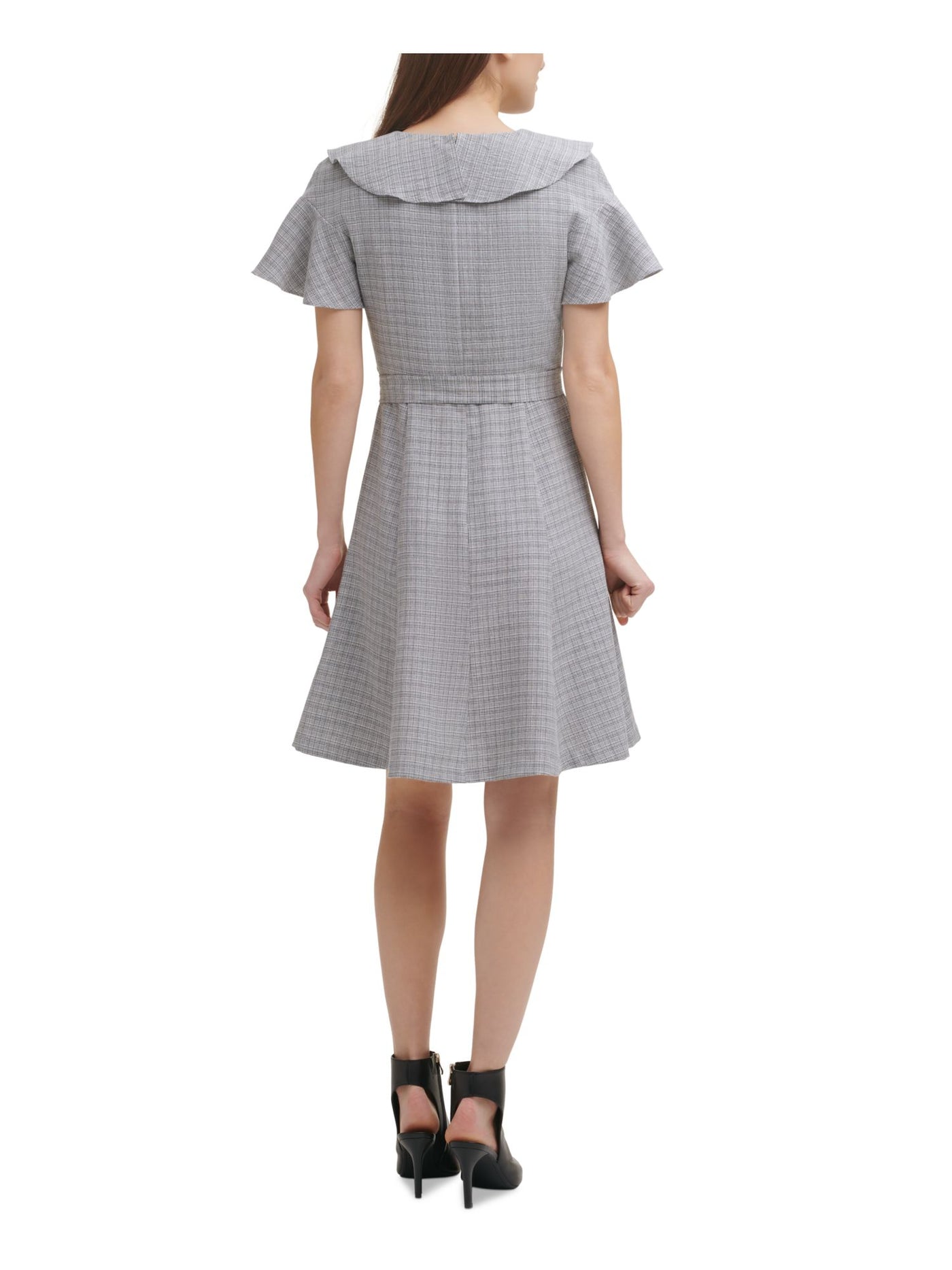 DKNY Womens Gray Ruffled Self Tie Belt Printed Flutter Sleeve Surplice Neckline Above The Knee Wear To Work Fit + Flare Dress 6