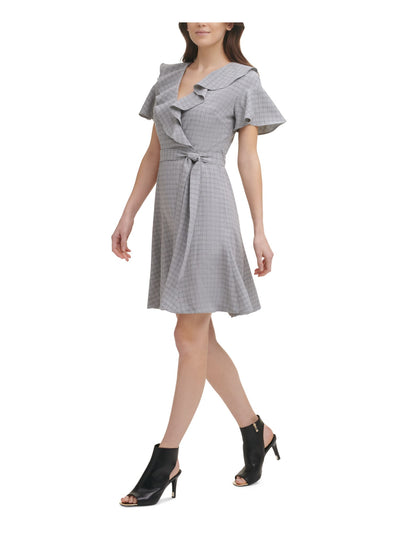 DKNY Womens Gray Ruffled Zippered Unlined Tie Belt Plaid Flutter Sleeve Surplice Neckline Above The Knee Wear To Work Fit + Flare Dress 14