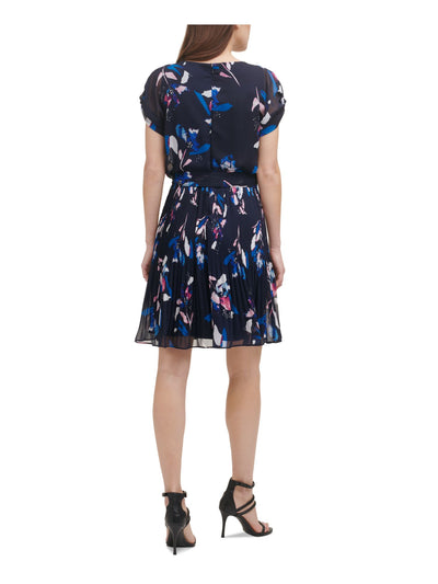 DKNY Womens Navy Pleated Belted Zippered Knotted Cuffs Lined Floral Short Sleeve Crew Neck Above The Knee Wear To Work Fit + Flare Dress 8