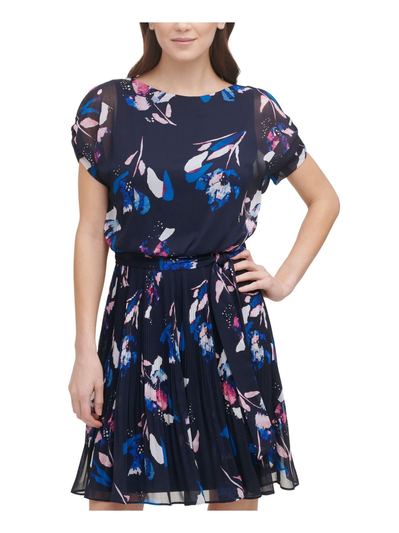 DKNY Womens Navy Pleated Belted Zippered Knotted Cuffs Lined Floral Short Sleeve Crew Neck Above The Knee Wear To Work Fit + Flare Dress 12