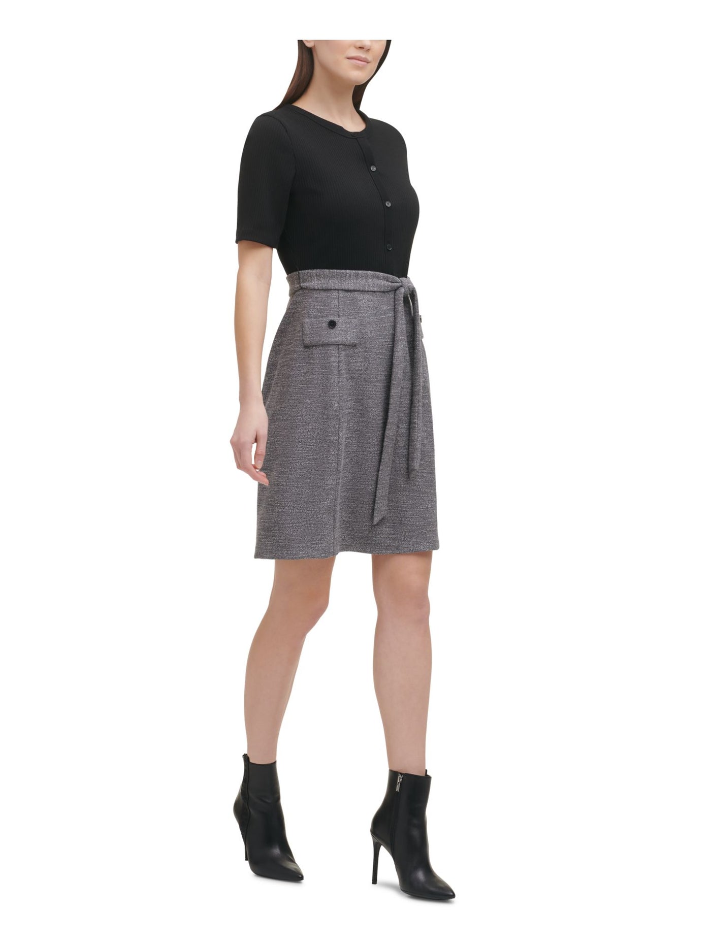 DKNY Womens Gray Pocketed Belted Button  Ribbed Color Block Elbow Sleeve Crew Neck Above The Knee Wear To Work Fit + Flare Dress XL