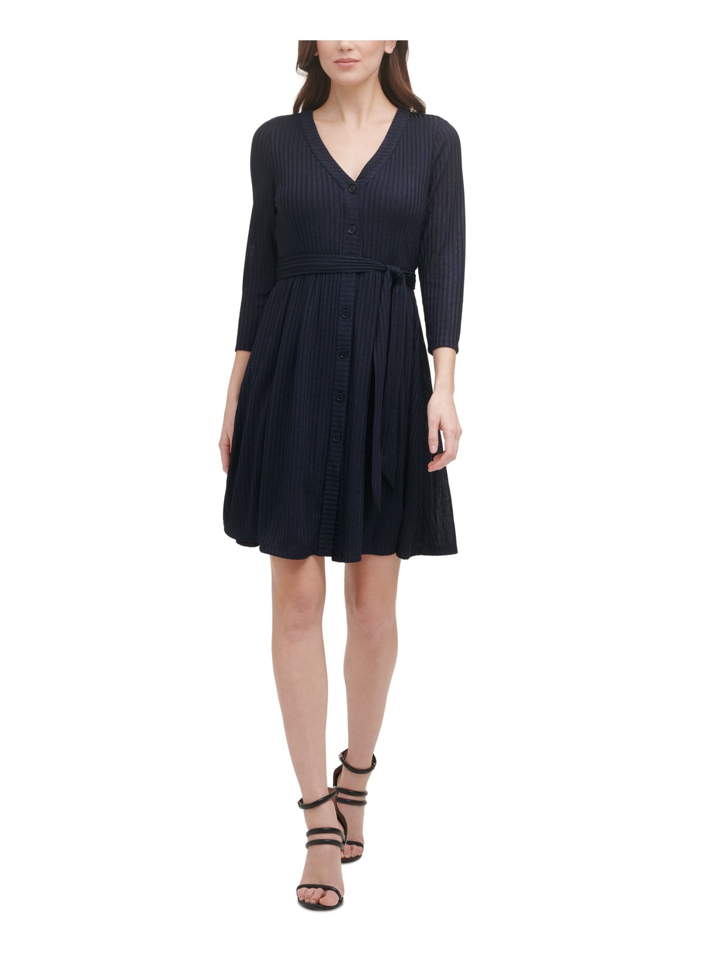 DKNY Womens Navy Stretch Belted Lined Button Front 3/4 Sleeve V Neck Above The Knee Evening Fit + Flare Dress M