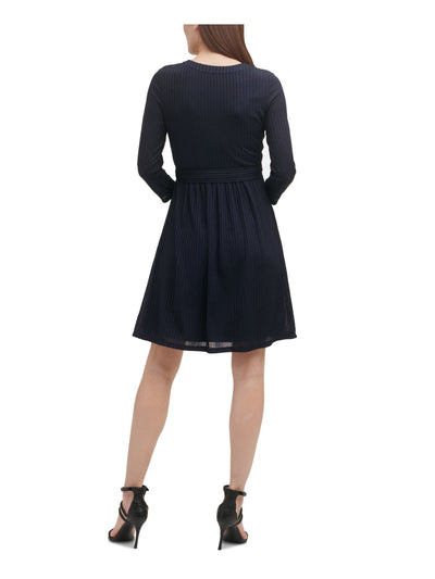 DKNY Womens Navy Stretch Belted Lined Button Front 3/4 Sleeve V Neck Above The Knee Evening Fit + Flare Dress M