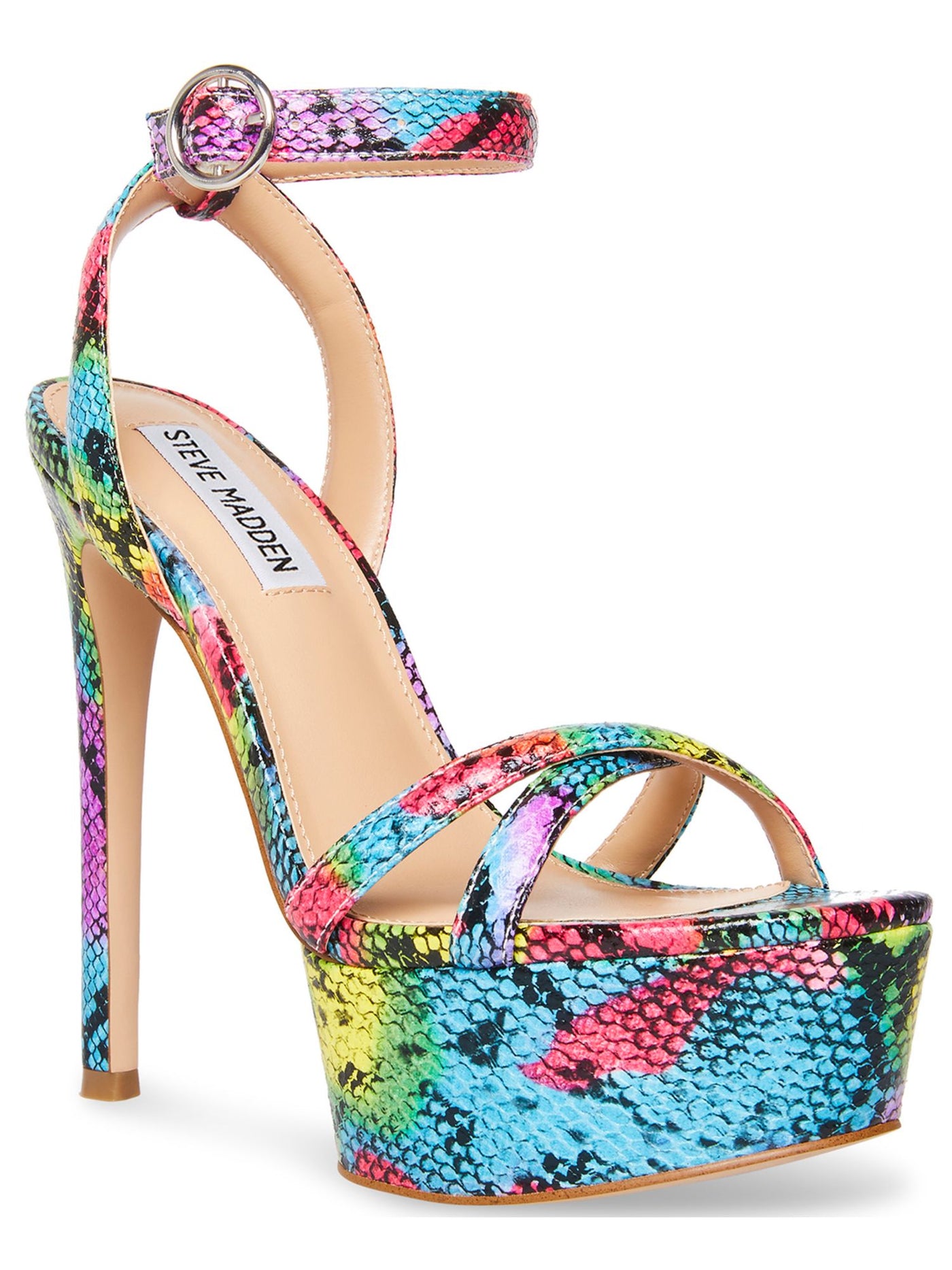 STEVE MADDEN Womens Purple Multicolor Snake Print 2" Platform Ankle Strap Padded Marciana Open Toe Stiletto Buckle Heeled Sandal 9 M