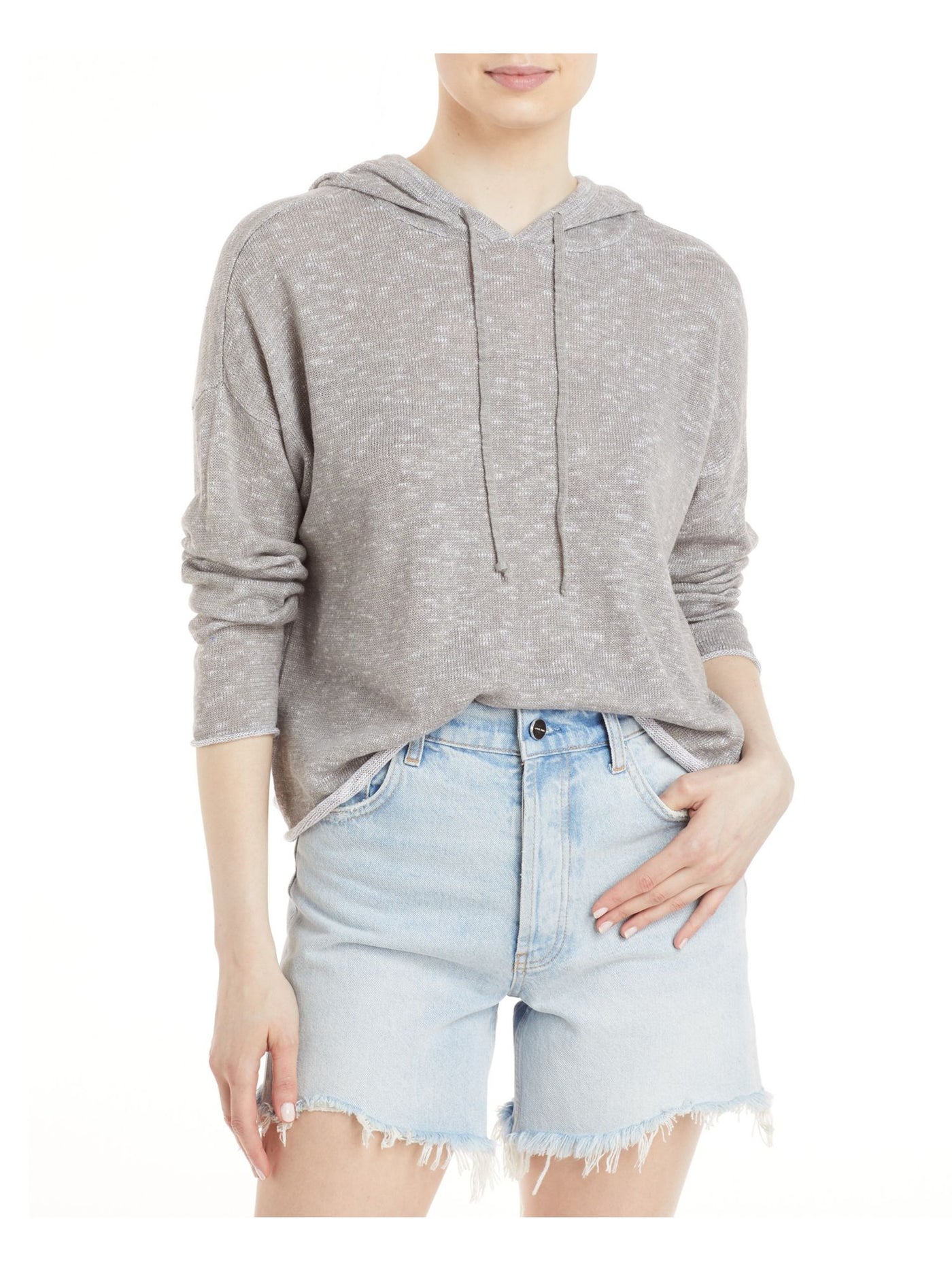 EILEEN FISHER Womens Gray Knit Tie Textured Raw Hem And Cuffs Heather Long Sleeve Hoodie Top XL