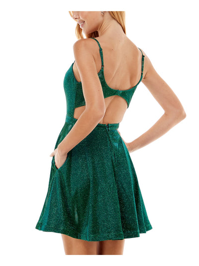 CITY STUDIO Womens Zippered Pocketed Padded Open Back Glitter Spaghetti Strap V Neck Short Party Fit + Flare Dress