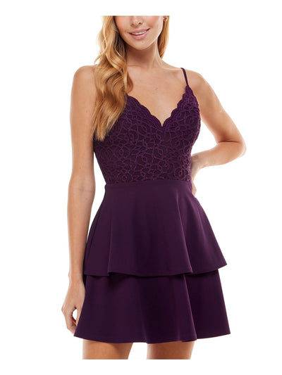 CITY STUDIO Womens Purple Stretch Zippered Darted Laced Back Glitter Sheer Spaghetti Strap V Neck Short Party Fit + Flare Dress Juniors 13