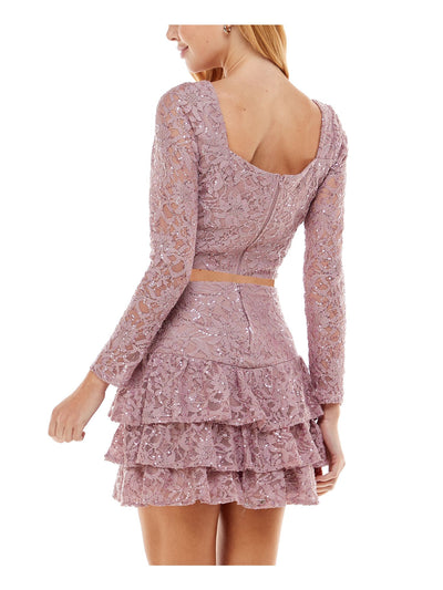 CITY STUDIO Womens Pink Sequined Lace Zippered Ruffled Long Sleeve Square Neck Short Party Fit + Flare Dress Juniors 13