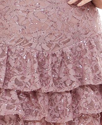 CITY STUDIO Womens Pink Sequined Lace Zippered Ruffled Long Sleeve Square Neck Short Party Fit + Flare Dress