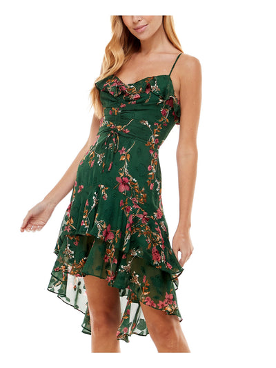 CITY STUDIO Womens Green Ruffled Zippered Ruched  Tie Pleated Floral Spaghetti Strap V Neck Below The Knee Evening Hi-Lo Dress Juniors 5