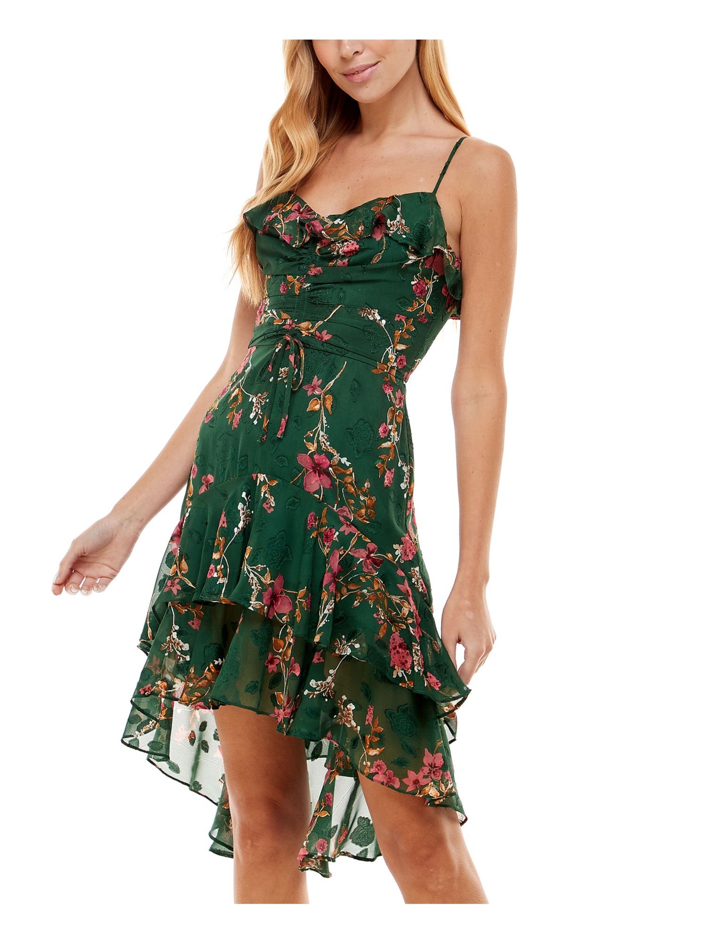 CITY STUDIO Womens Green Ruffled Zippered Ruched  Tie Pleated Floral Spaghetti Strap V Neck Below The Knee Evening Hi-Lo Dress Juniors 1