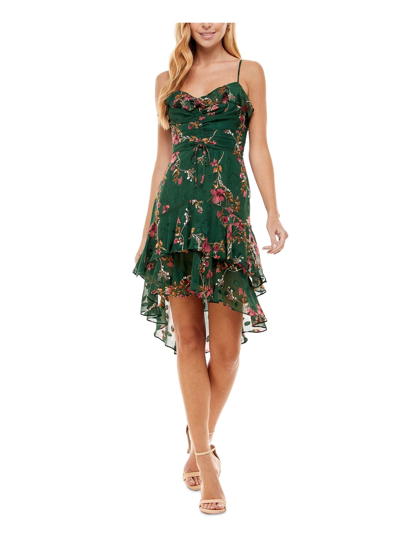 CITY STUDIO Womens Green Ruffled Zippered Ruched  Tie Pleated Floral Spaghetti Strap V Neck Below The Knee Evening Hi-Lo Dress Juniors 5