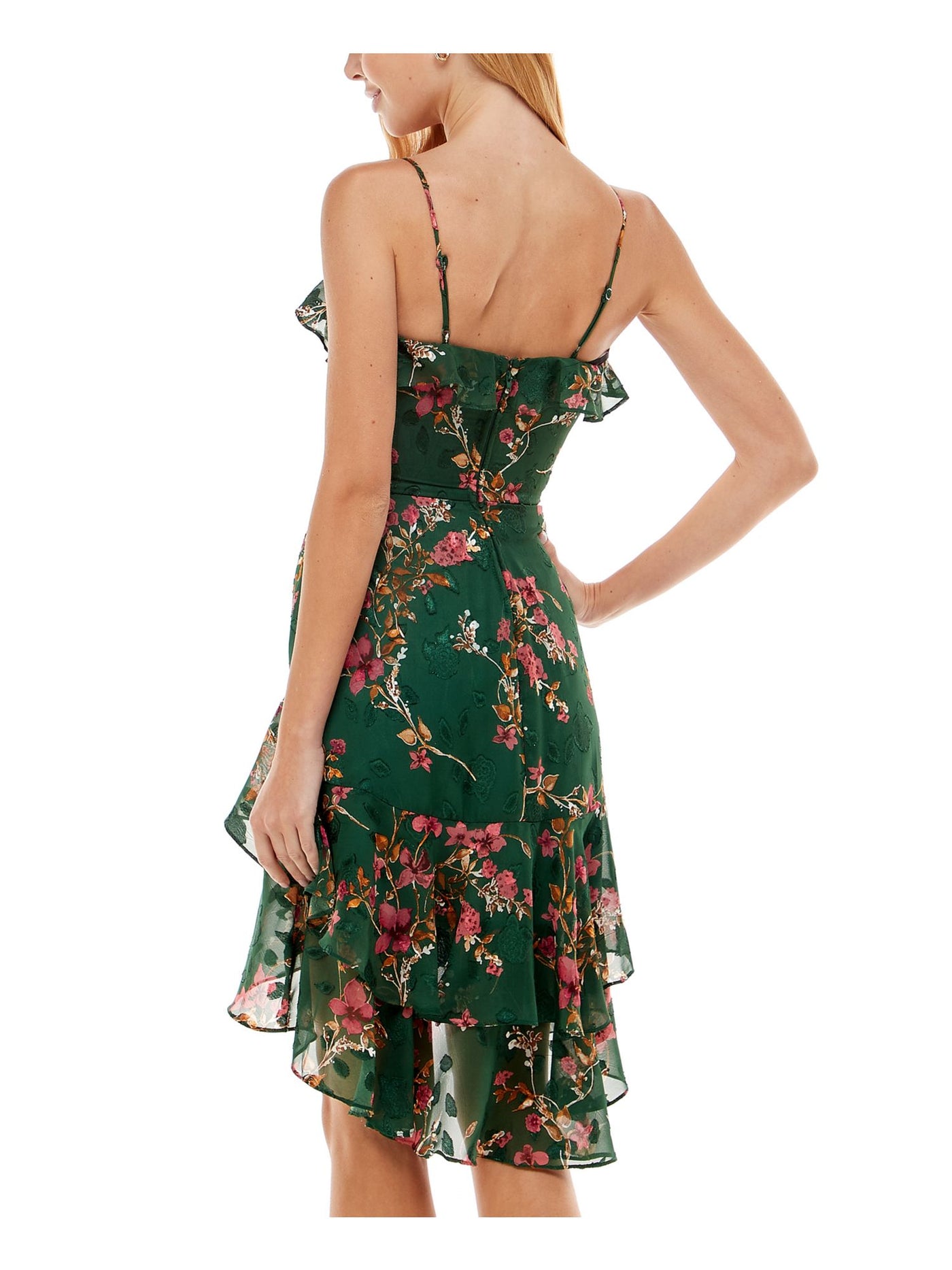 CITY STUDIO Womens Green Ruffled Zippered Ruched  Tie Pleated Floral Spaghetti Strap V Neck Below The Knee Evening Hi-Lo Dress Juniors 1