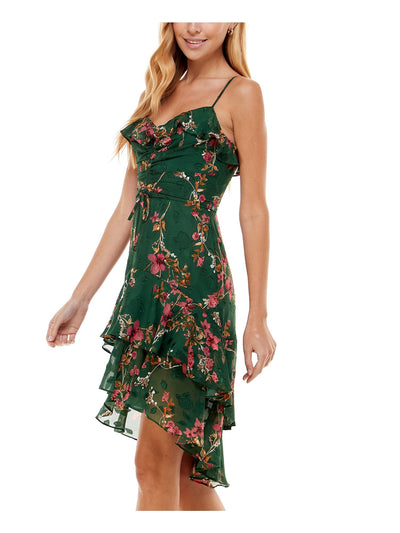 CITY STUDIO Womens Green Ruffled Zippered Ruched  Tie Pleated Floral Spaghetti Strap V Neck Below The Knee Evening Hi-Lo Dress Juniors 15