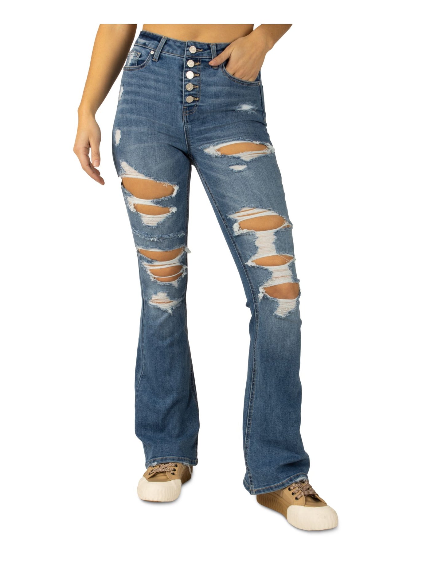 INDIGO REIN Womens Blue Pocketed Button-fly Flare-leg High Waist Jeans Juniors 15