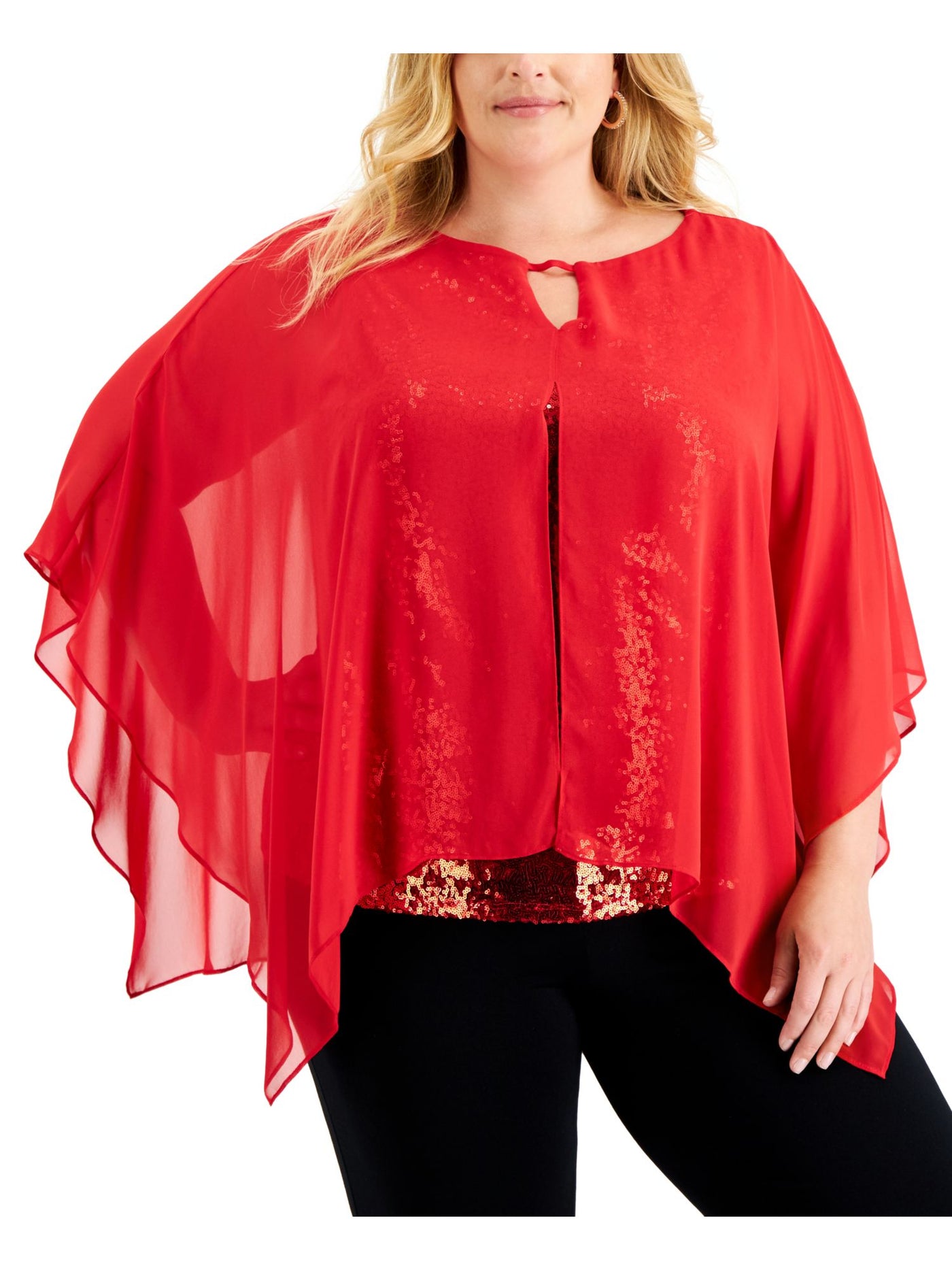 JM COLLECTION Womens Red Sequined Sheer Poncho Overlay Flutter Sleeve Keyhole Party Top Plus 3X