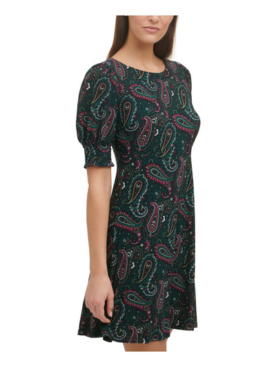 TOMMY HILFIGER Womens Green Stretch Zippered Smocked Paisley Short Sleeve Round Neck Short Party Shift Dress 4