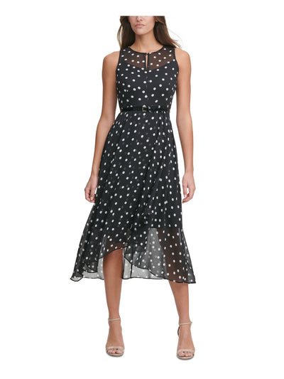 TOMMY HILFIGER Womens Black Zippered Cut Out Crossover Hi-lo Hem Sheer Lined Polka Dot Sleeveless Round Neck Midi Party Fit + Flare Dress 8