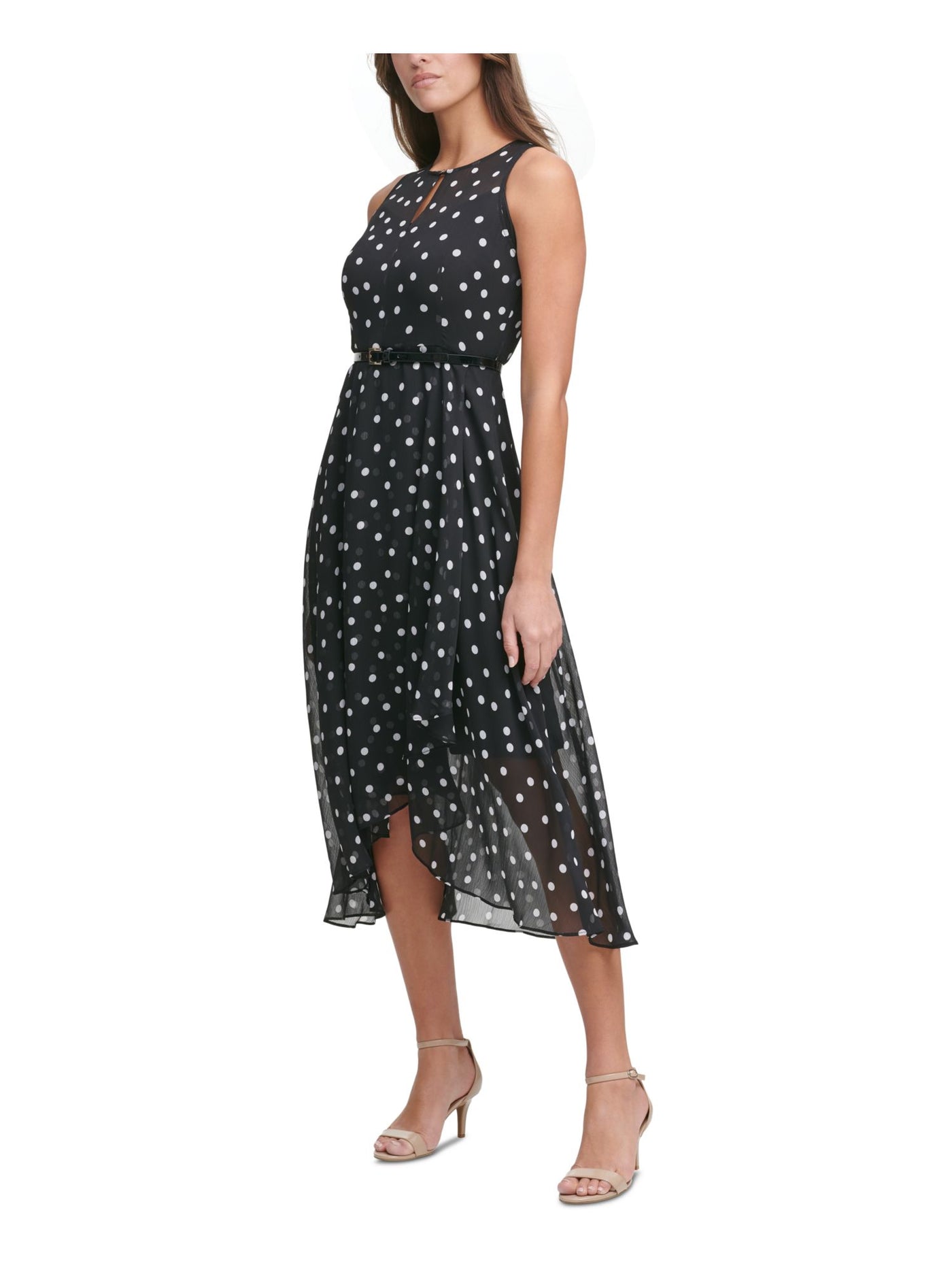 TOMMY HILFIGER Womens Black Zippered Cut Out Crossover Hi-lo Hem Sheer Lined Polka Dot Sleeveless Round Neck Midi Party Fit + Flare Dress 8
