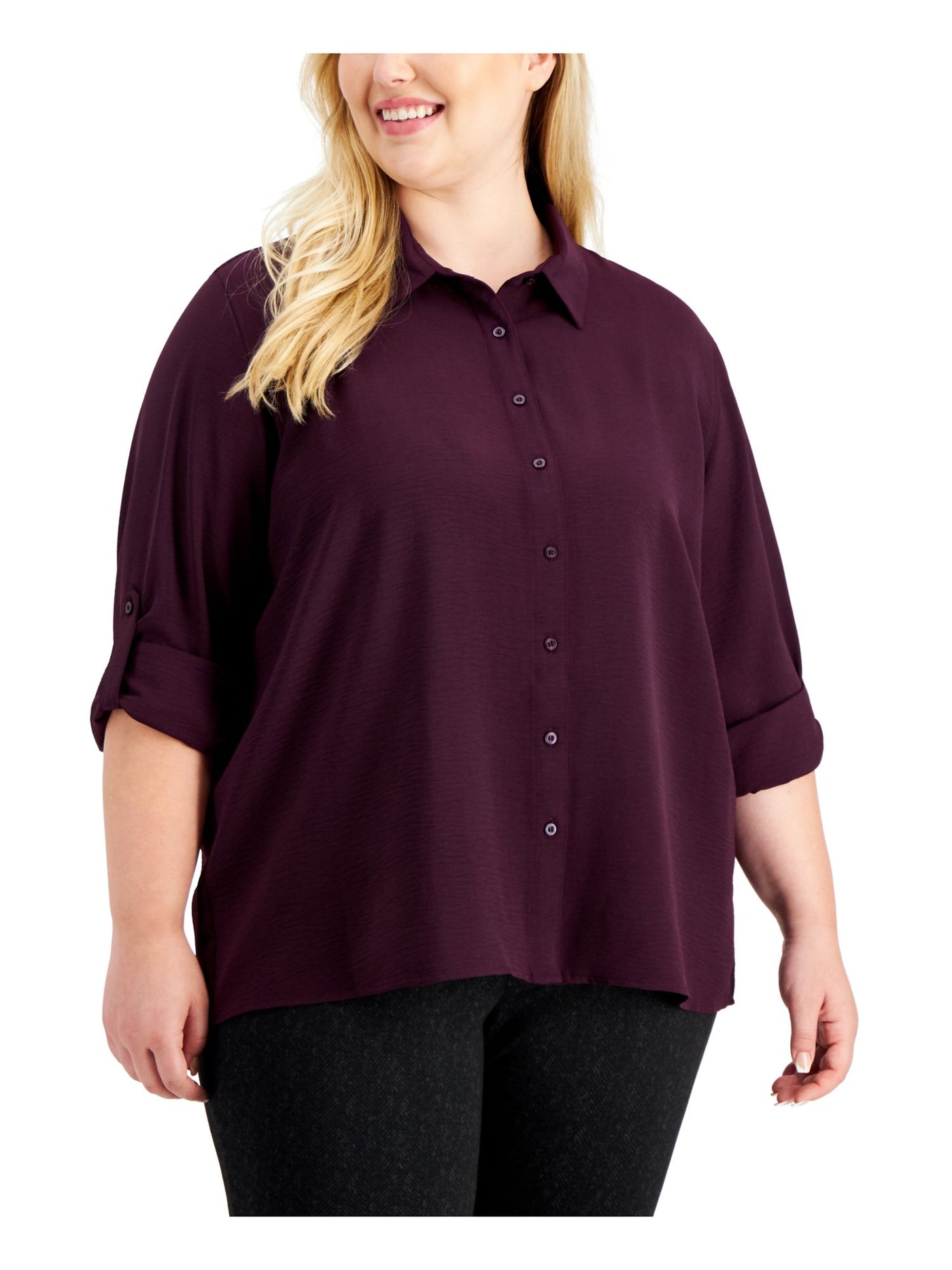 CALVIN KLEIN Womens Purple Roll-tab Sleeve Point Collar Button Up Top Plus 0X
