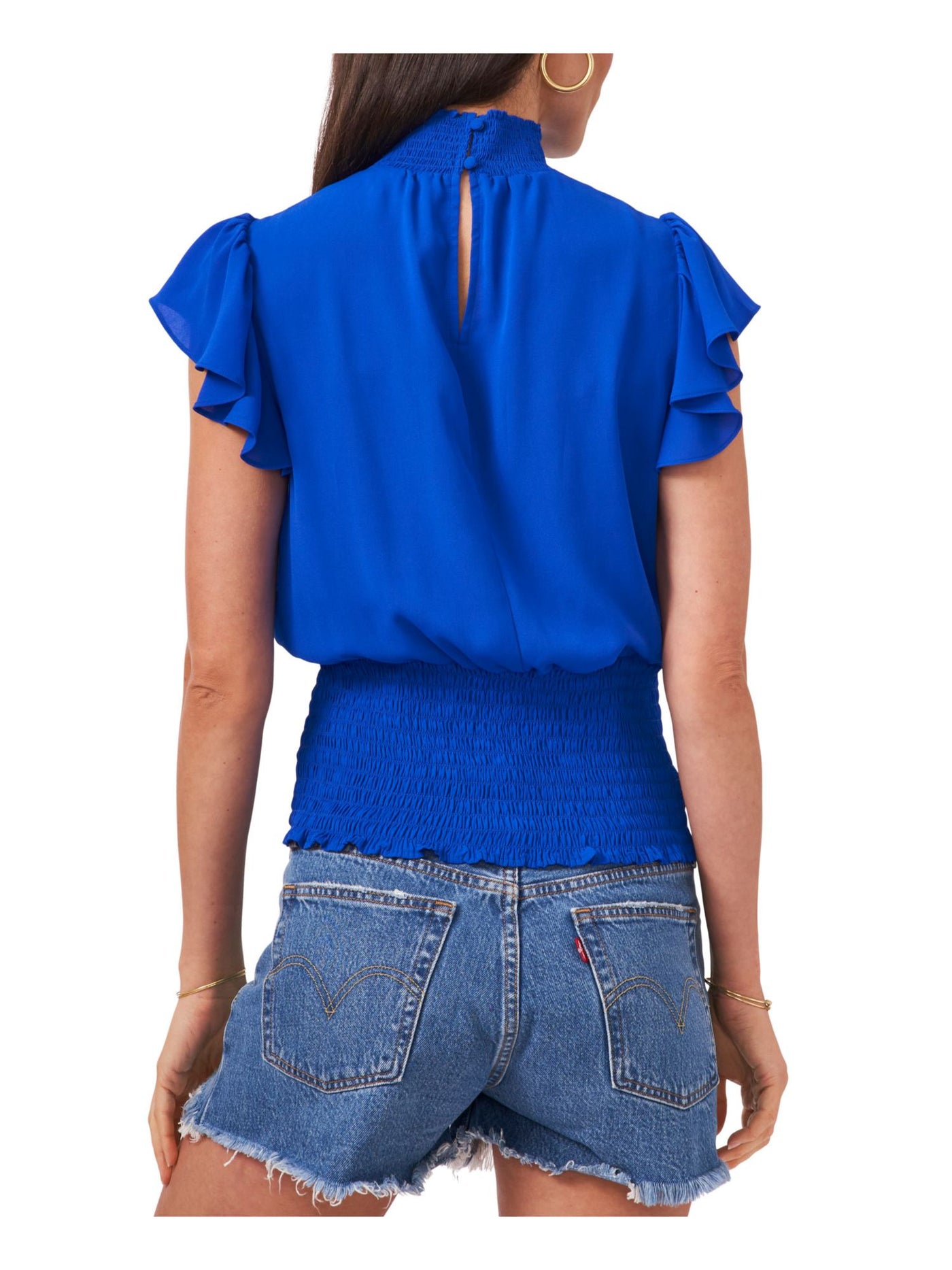 1. STATE Womens Blue Smocked Ruffled Flutter Sleeve Mock Neck Top XS