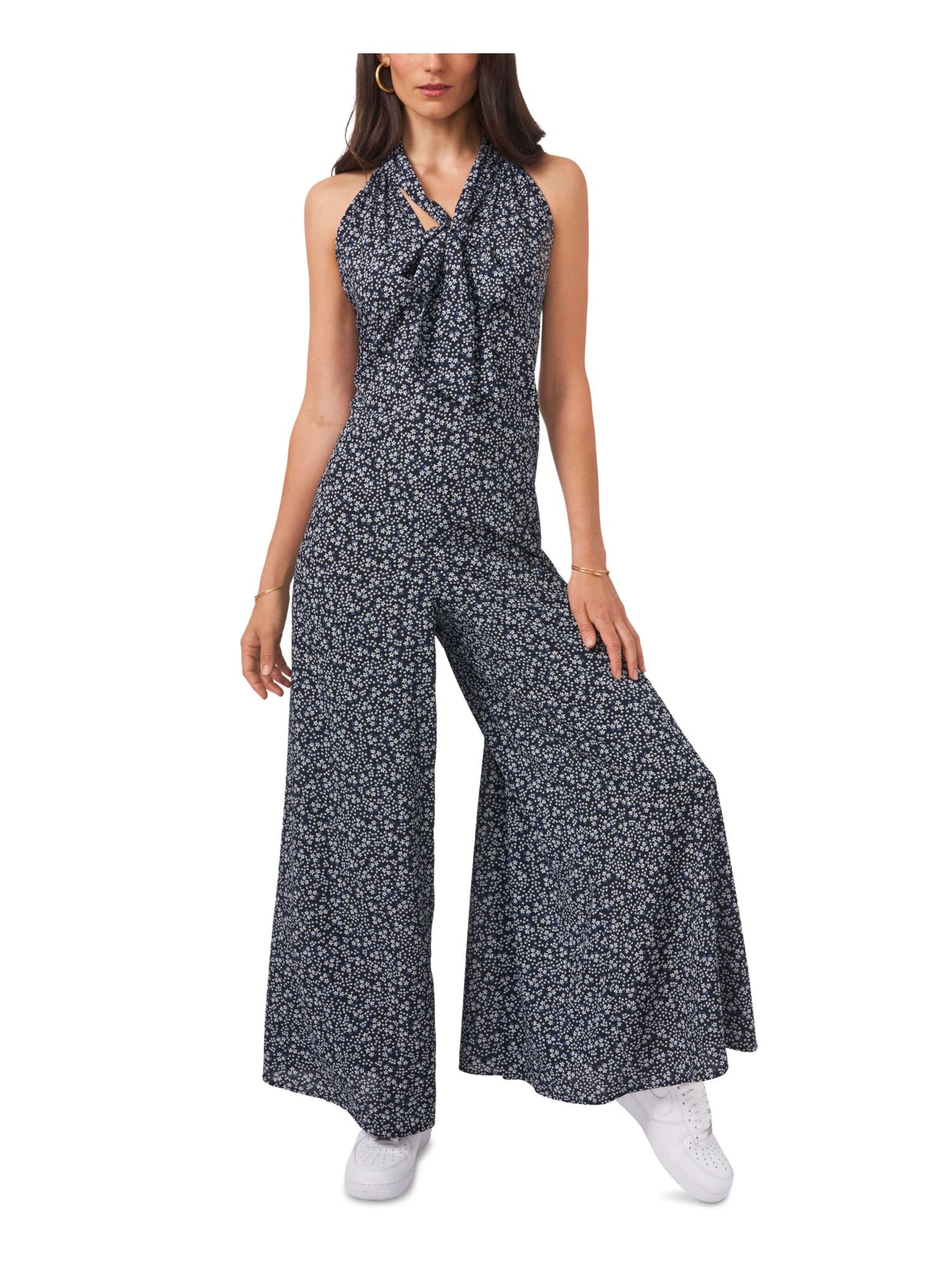 1. STATE Womens Navy Zippered Tie Floral Sleeveless Mock Neck Wide Leg Jumpsuit S