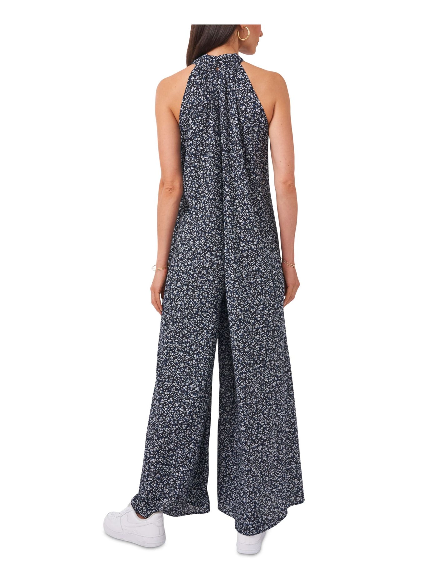 1. STATE Womens Navy Zippered Tie Floral Sleeveless Mock Neck Wide Leg Jumpsuit S