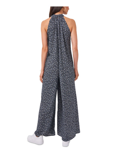 1. STATE Womens Navy Zippered Tie Floral Sleeveless Mock Neck Wide Leg Jumpsuit S