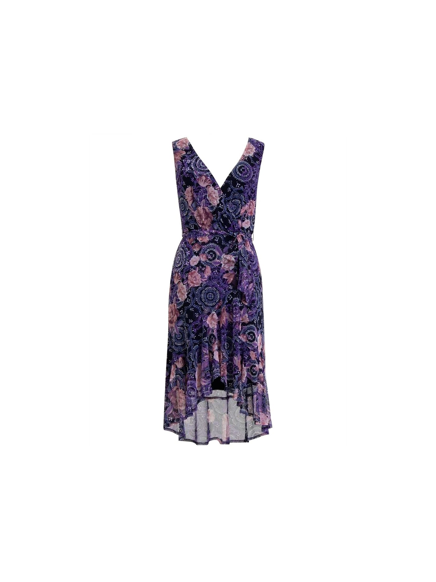 CONNECTED APPAREL Womens Navy Slitted Gathered Sash At Waist Lined Pullover Printed Sleeveless Surplice Neckline Midi Hi-Lo Dress 4