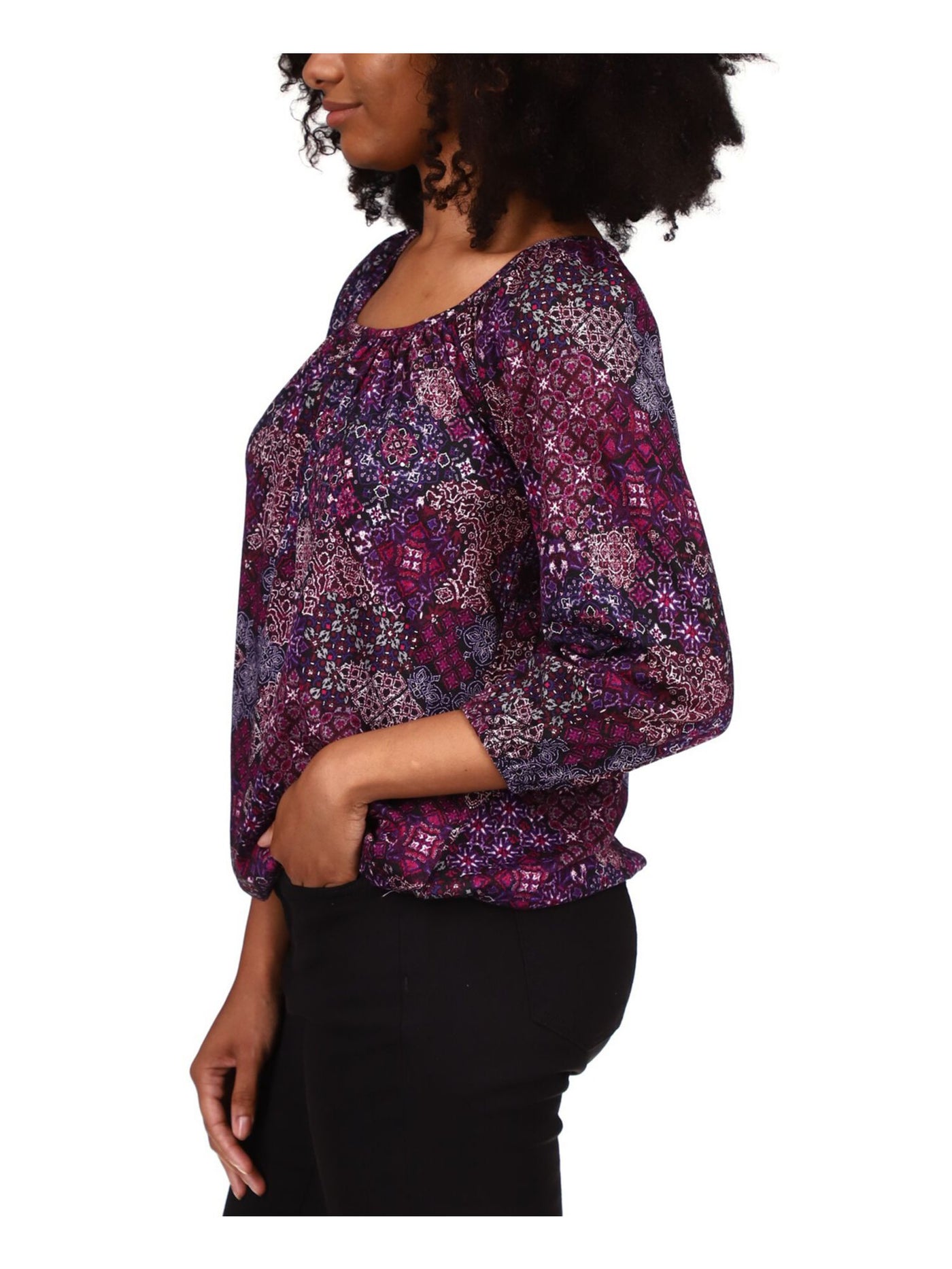 MICHAEL MICHAEL KORS Womens Purple Gathered Elasticized Cuffs And Hem Floral 3/4 Sleeve Scoop Neck Wear To Work Peasant Top Petites P\XS