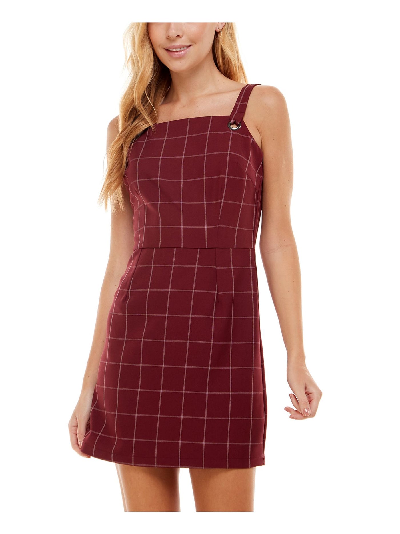 KINGSTON GREY Womens Maroon Zippered Darted Adjustable Straps Plaid Sleeveless Square Neck Mini Sheath Dress M