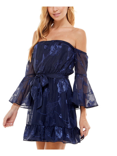 CITY STUDIO Womens Navy Stretch Sheer Belted Ruffled Metallic Pinstripe Lined Floral Bell Sleeve Off Shoulder Short Evening Fit + Flare Dress Juniors S