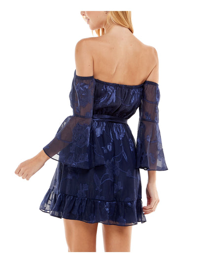 CITY STUDIO Womens Navy Stretch Sheer Belted Ruffled Metallic Pinstripe Lined Floral Bell Sleeve Off Shoulder Short Evening Fit + Flare Dress XS