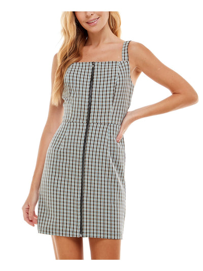 KINGSTON GREY Womens Light Blue Stretch Zippered Darted Adjustable Straps Jumper Plaid Sleeveless Square Neck Mini Sheath Dress M