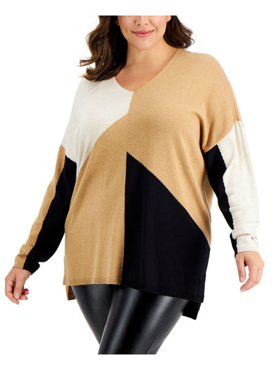 INC Womens Beige Stretch Ribbed Drop-shoulder Vented Hem Relaxed Color Block Long Sleeve V Neck Evening Sweater Plus 2X