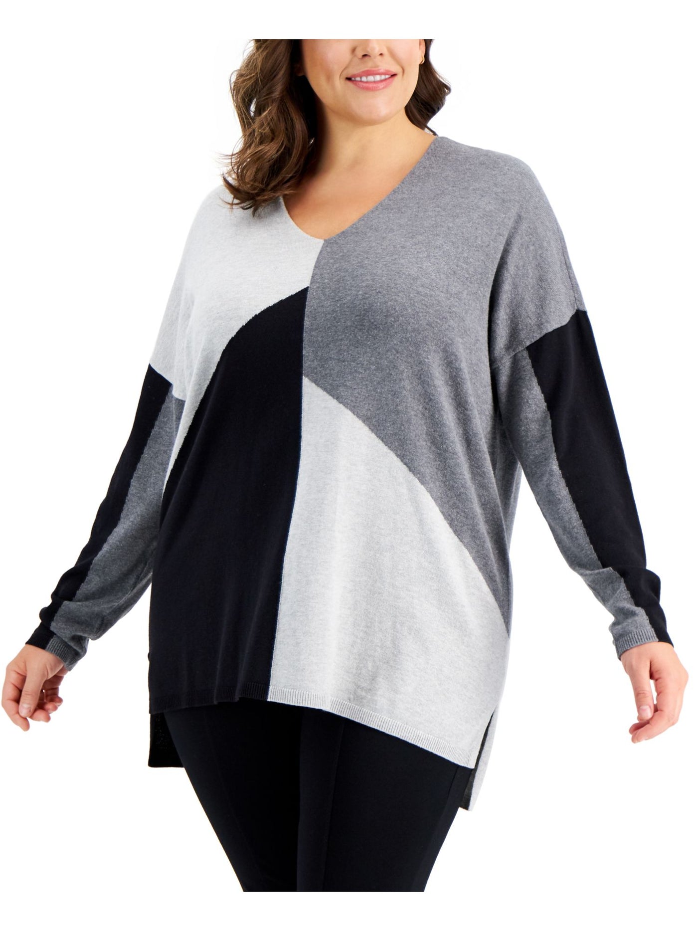 INC Womens Gray Ribbed Step Hem Vented Sides Color Block Long Sleeve V Neck Sweater S