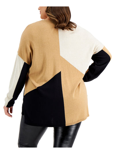 INC Womens Beige Stretch Ribbed Drop-shoulder Vented Hem Relaxed Color Block Long Sleeve V Neck Evening Sweater Plus 2X