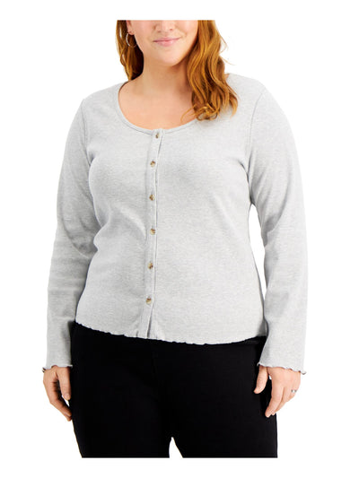 REBELLIOUS ONE Womens Gray Ribbed Textured Button Closure Front Heather Long Sleeve Scoop Neck Top Plus 3X