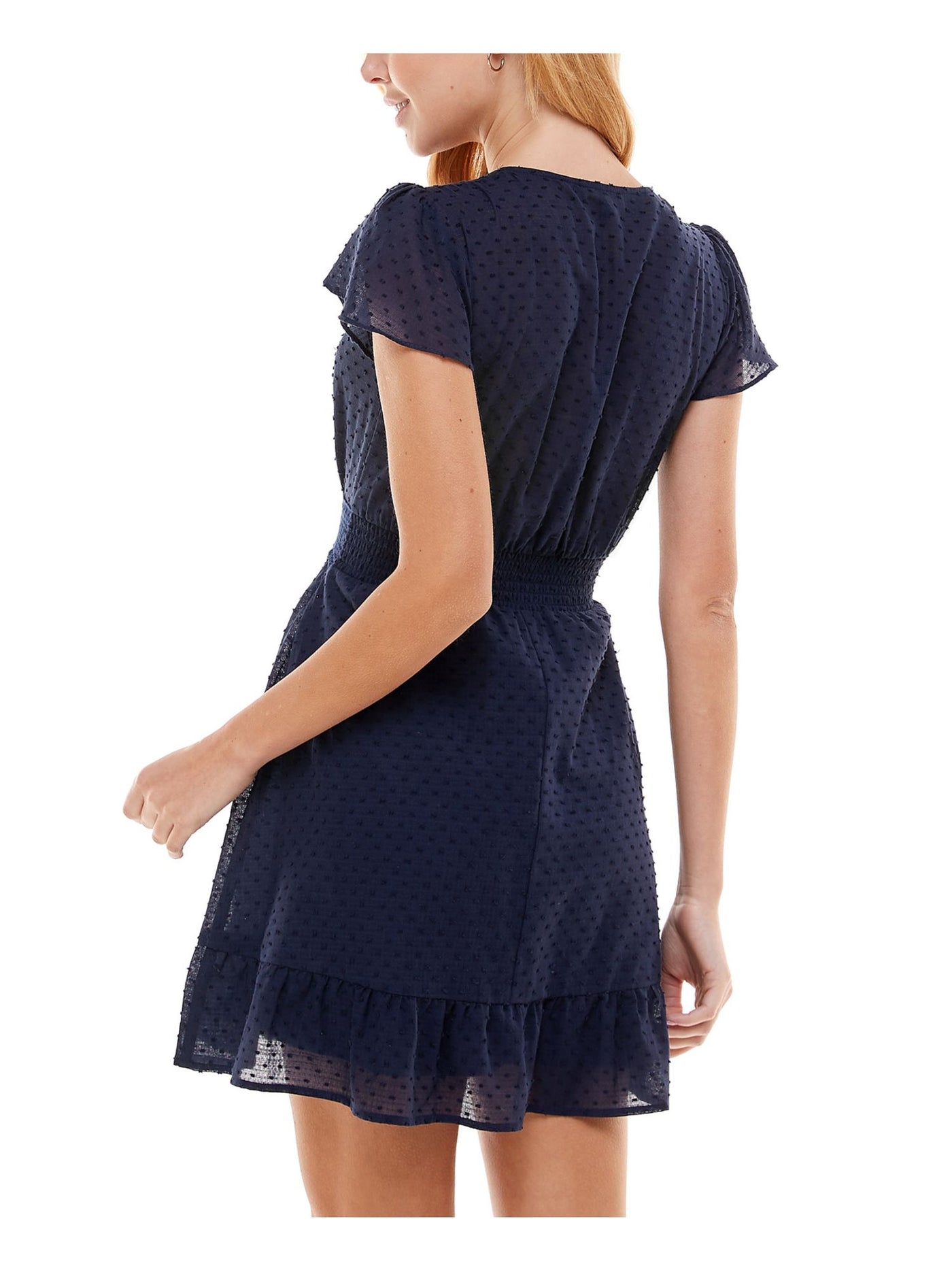 CITY STUDIO Womens Navy Sheer Ruffled Crochet-trim Flutter Sleeve Surplice Neckline Short Fit + Flare Dress Juniors XXS