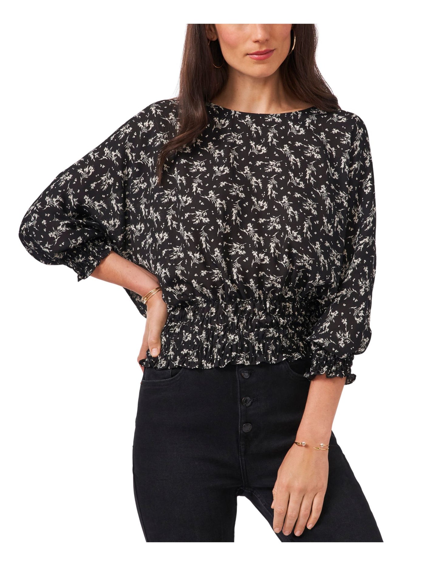 VINCE CAMUTO Womens Black Smocked Floral 3/4 Sleeve Round Neck Top S