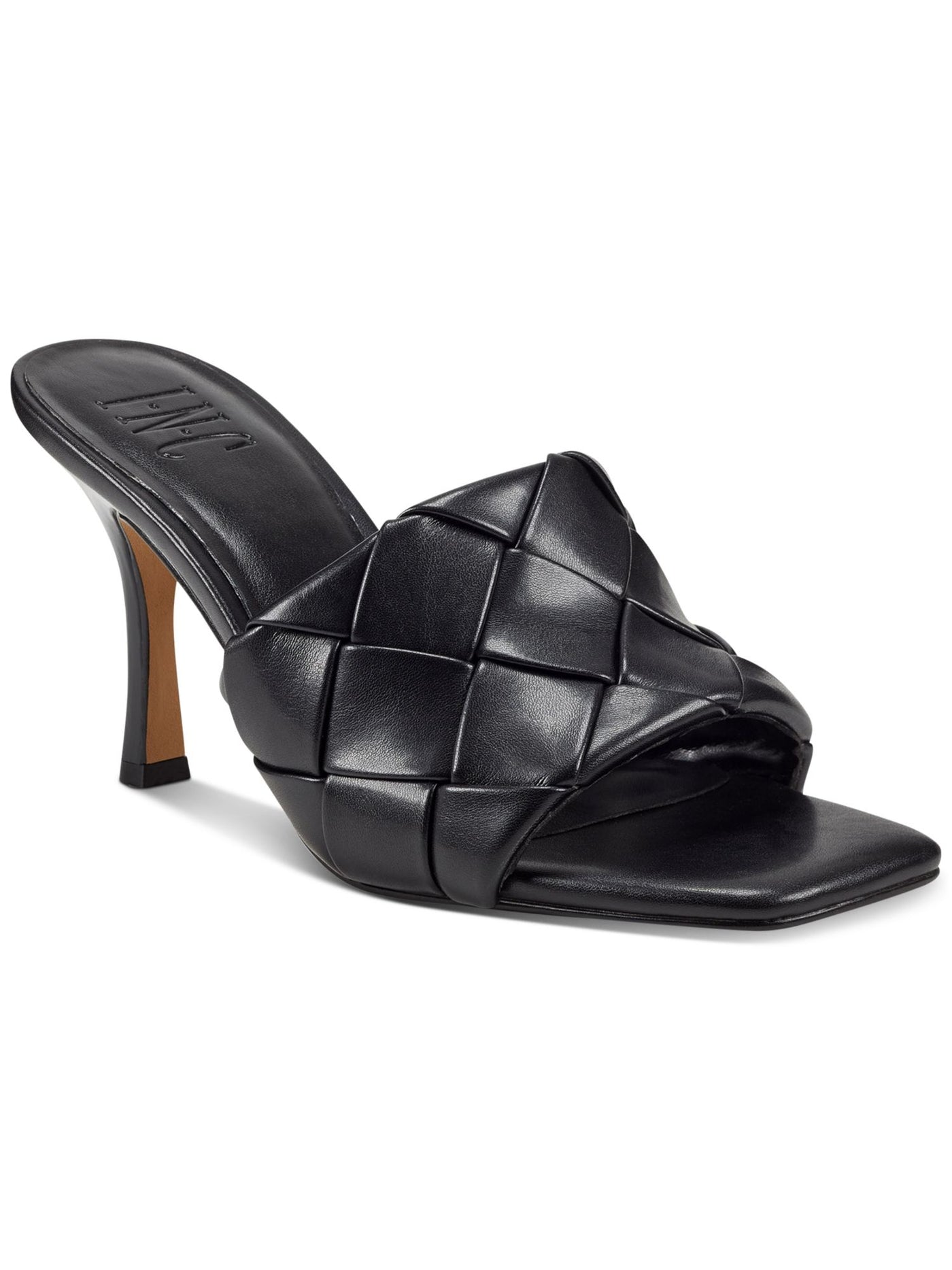 INC Womens Black Woven Cushioned Liah Square Toe Stiletto Slip On Dress Sandals Shoes 6 M