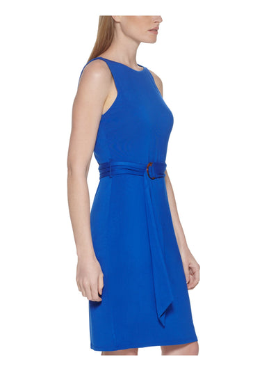 CALVIN KLEIN Womens Blue Stretch Belted Unlined Sleeveless Boat Neck Above The Knee Wear To Work Sheath Dress 2