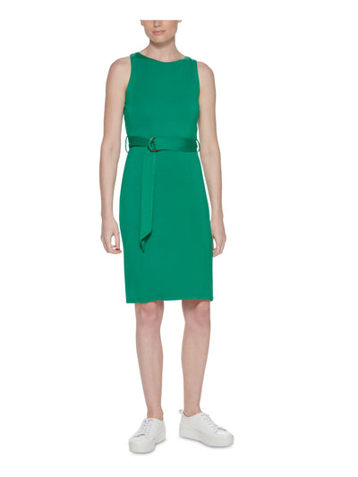 CALVIN KLEIN Womens Green Stretch Belted Unlined Sleeveless Boat Neck Above The Knee Wear To Work Sheath Dress 10