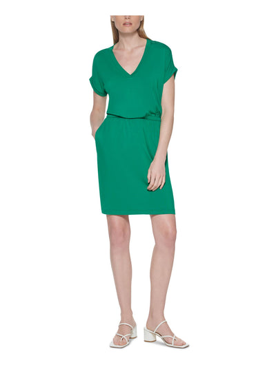 CALVIN KLEIN Womens Green Stretch Pocketed Fixed Cuffs  Elastic Waist Short Sleeve V Neck Short Blouson Dress 4