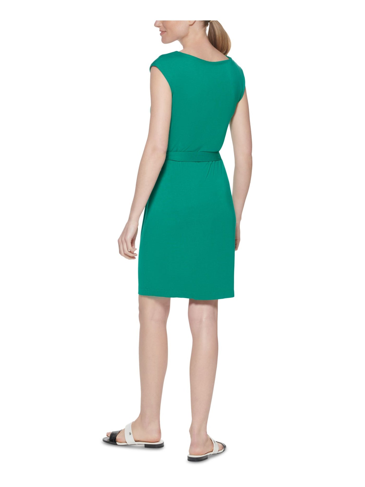 CALVIN KLEIN Womens Green Stretch Pleated Belted Pullover Styling Sleeveless Asymmetrical Neckline Above The Knee Sheath Dress 8